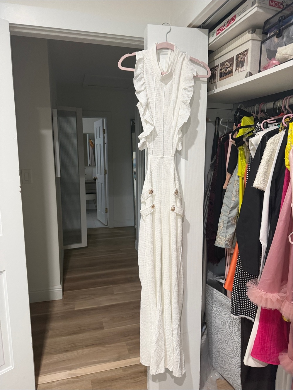 Women's White Ruffle-Detail Jumpsuit